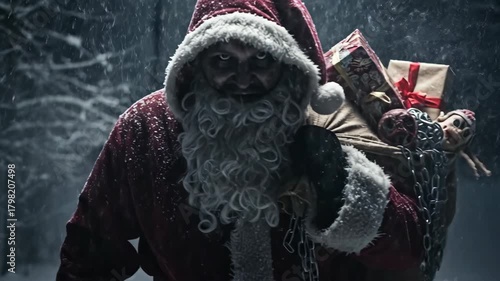 Evil santa claus creeping through heavy snowfall with chained sack of creepy gifts on Christmas eve. Dark holiday theme.