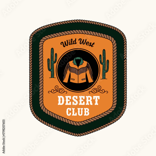 Desert Club Wild West Retro Badge. Cowboy, Cactus, Western