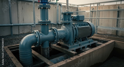 Heavy-duty submersible pump installed in a wastewater treatment station pit, handling sludge and sewage runoff. Essential urban infrastructure equipment, urban, runoff, utility