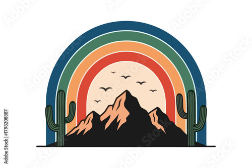Desert Mountain Rainbow Illustration, Cactus, Vintage Nature Design