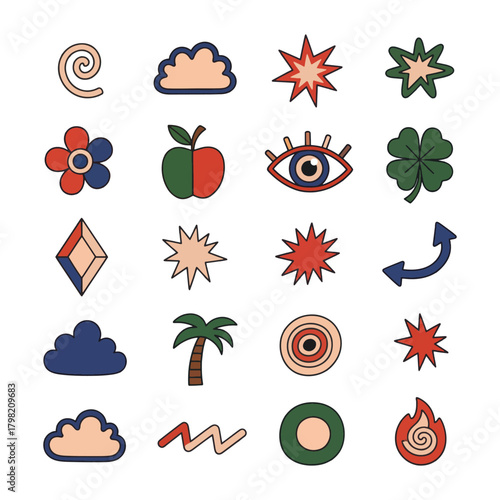 Retro Aesthetic Vector Set, Vintage Stickers, Boho Designs, Clipart Elements