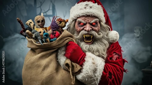 Scary Santa Claus horror concept with evil red eyes and monster teeth carrying ragged doll toys in a sack