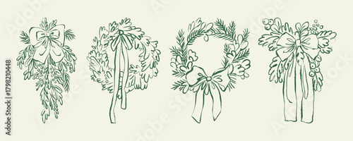 Christmas wreath chalk line art. Hand drawn vintage Christmas decoration. Drawing of winter holiday door decor. Whimsical doodle set of retro wreaths with mistletoe, pine branches, and bows.