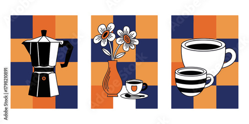 Coffee, Flowers, and Cups Abstract Art on Checkered Background
