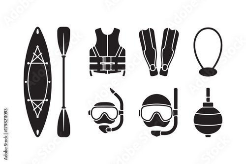 Collection of water sports and diving equipment icons