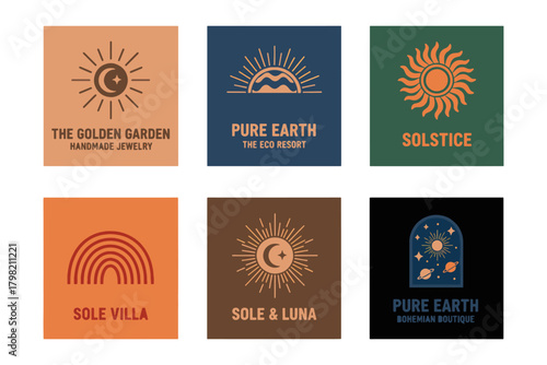 Bohemian Logos Set Sun, Moon, Rainbow Designs for Branding, Solstice, and Wellness