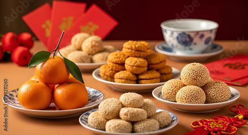 Traditional Chinese New Year spread with tangerines cookies and red envelopes symbolizing prosperity and good fortune.