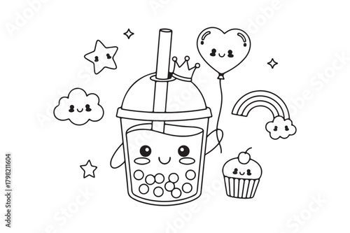 Cute kawaii boba tea and friends coloring page