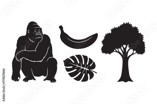 Gorilla banana tree and leaf silhouettes in black and white