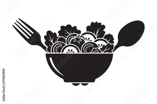 Black silhouette of a fresh salad in a bowl with utensils