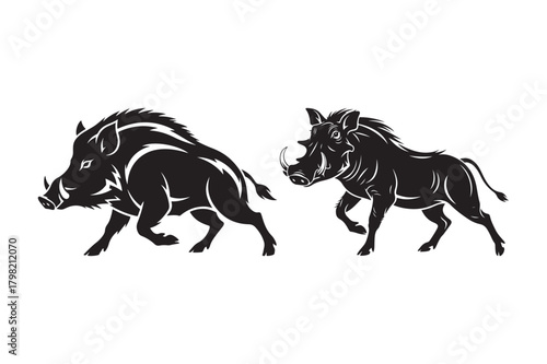 Two black silhouette wild boars running side by side