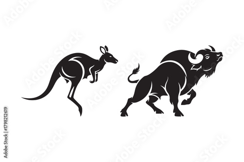 Kangaroo and bull silhouettes facing off in dynamic poses