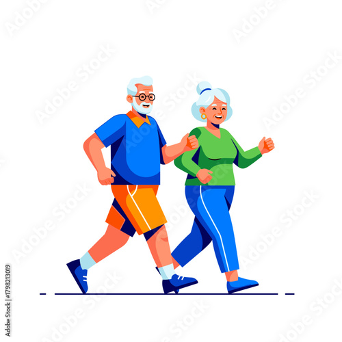 Active elderly couple walking together in bright sportswear  