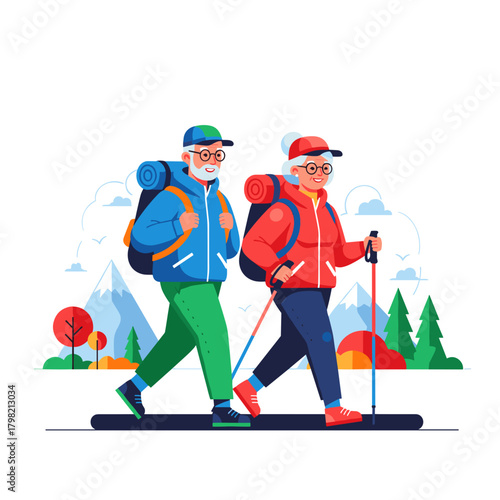 Elderly couple hiking together in colorful mountain landscape  