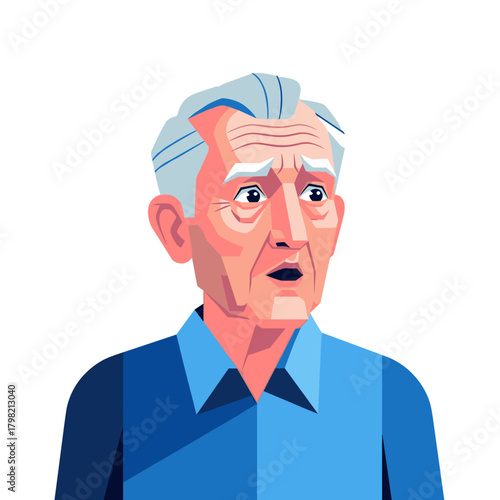 Elderly man looking surprised with gray hair in blue shirt  