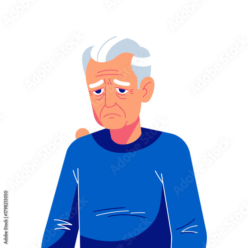 Elderly man looking disappointed while wearing a blue sweater  