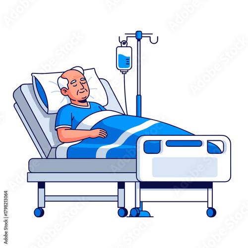 Elderly man resting in hospital bed with IV drip attached  