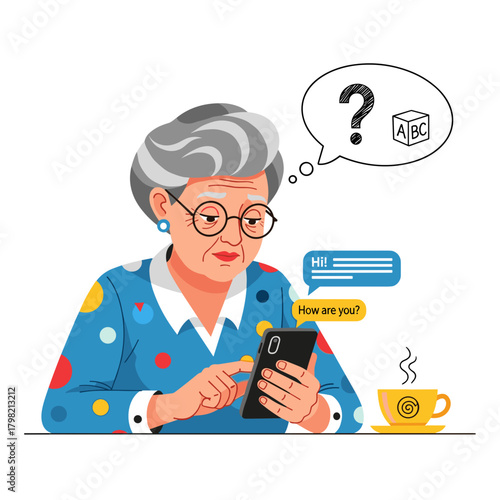 Elderly woman learning to text on smartphone while sitting at table  