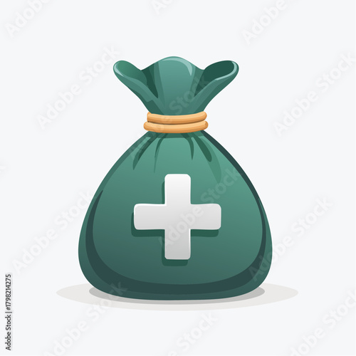 Green bag with plus sign presents financial growth and monetary gain