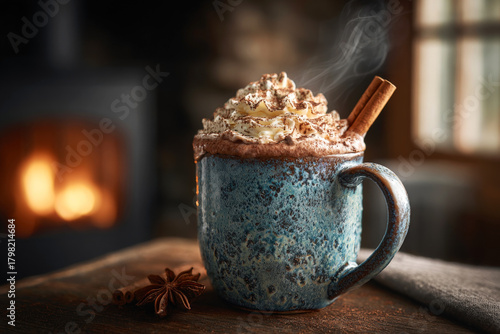 Hot Chocolate with Whipped Cream and Cinnamon Stick in Blue Ceramic Mug Near Fireplace with Spices