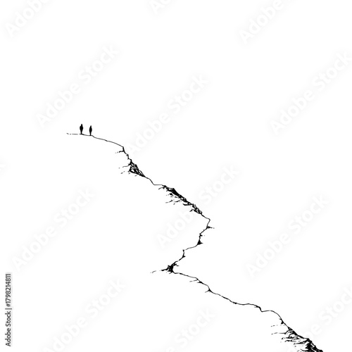 Minimalist black and white mountain landscape with two figures on a cliff edge scenery illustration