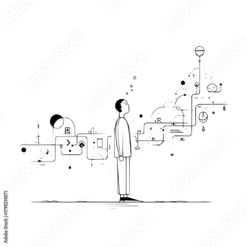 Abstract thinking illustration of a person contemplating complex ideas and future possibilities art design