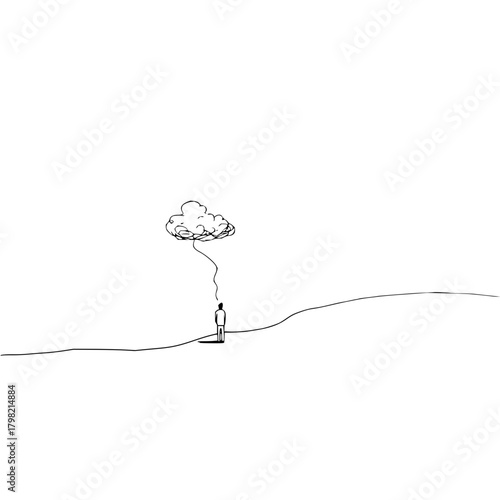 Minimalist art drawing of man connected to cloud of thoughts and mental health illustration concept art