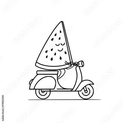 Watermelon slice character riding scooter vector illustration summer fruit transport design for graphics hundred