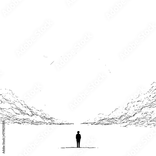 Minimalist landscape art print of a lone figure standing in a vast white space with textured mountains