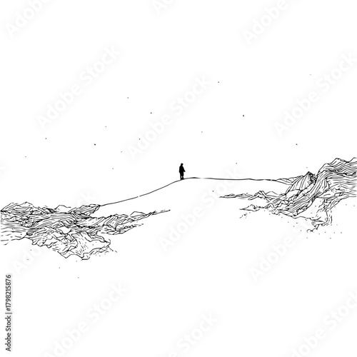 Minimalist landscape drawing of a lone figure on a hill black and white art vector design 100 character