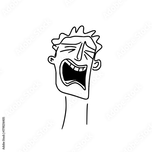 Cartoon drawing of a man screaming loudly black and white vector illustration facial expression anguish pain