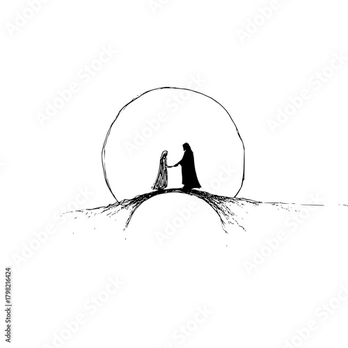 Silhouette art of couple holding hands under a circle moon drawing love and relationship illustration art 100