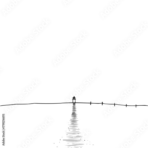 Minimalist landscape drawing of a lighthouse on the water with reflection art vector illustration design