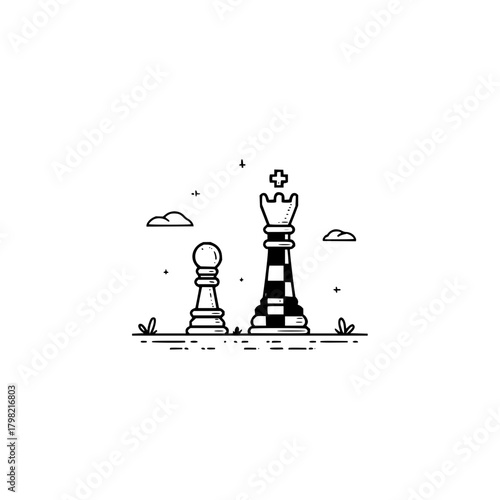 Chess game strategy illustration with king and pawn for board game lovers and chess enthusiasts design