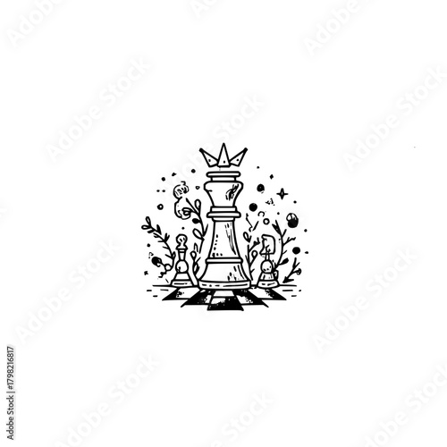 Chess king queen pawn knight strategic game plan with floral design black and white illustration art