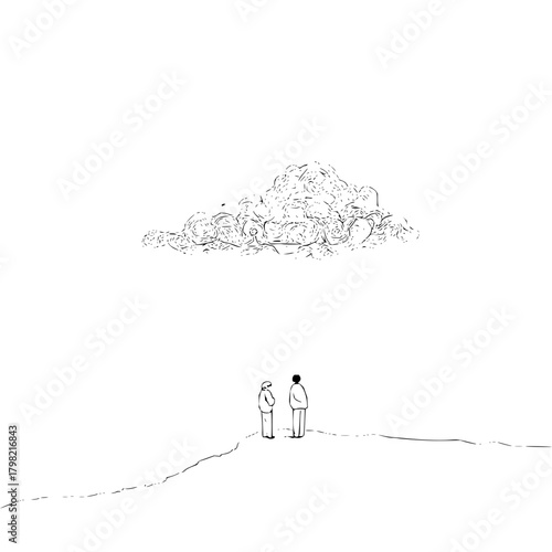 Minimalist line art of two people looking at a cloud formation drawing on white background landscape art 100