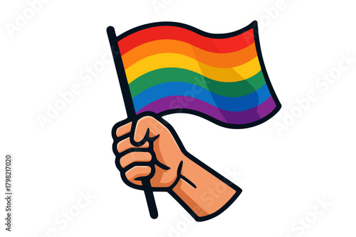 A colorful cartoon illustration of a hand holding a rainbow pride flag. Symbolic of equality, freedom, and LGBT pride, ideal for various projects and campaigns.	