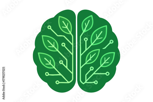 Illustration of a stylized brain with green leaf and circuit details. Symbolic of intelligence, nature, creative thinking, eco technology and sustainable solutions.	