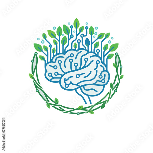 Minimalist illustration of a human brain in line art style with connected leaves and branches, representing eco friendly artificial intelligence or green technology. Symbolizes sustainable solutions.	