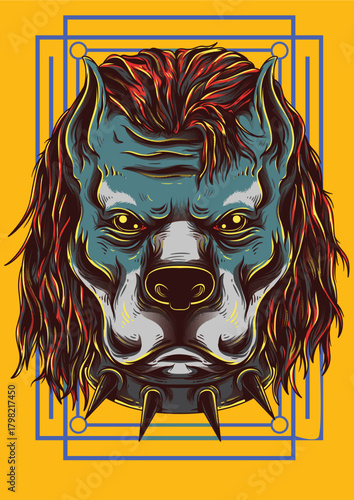 Stylized illustration of a fierce mythical blue dog with a red mane and spiked collar.