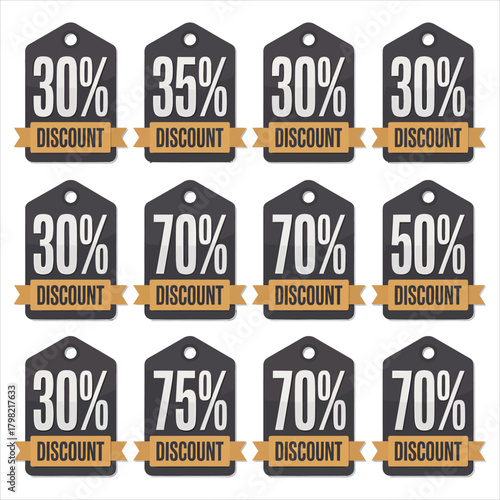 Twelve discount tags showcase thirty, thirty five, fifty, seventy, and seventy five percent savings