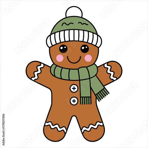 The cartoon gingerbread man wears a green winter hat and scarf cheerfully
