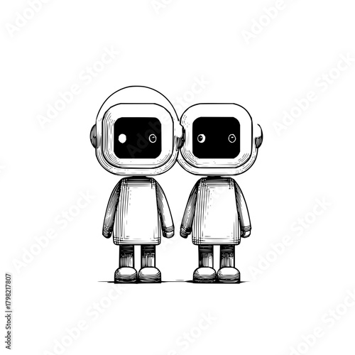 Two cute robots standing together vector illustration for ai technology and future concepts design element