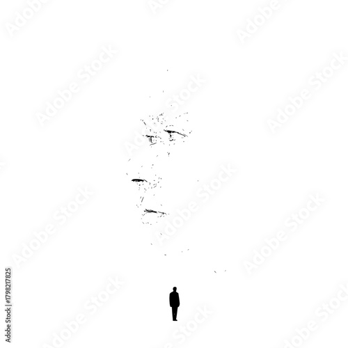 Conceptual art black and white drawing of a face and a person for print and digital design projects