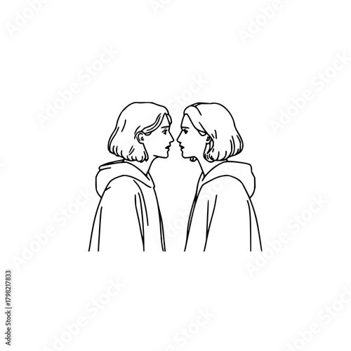 Line art drawing of two women facing each other in hoodies minimalist vector design aesthetic illustration