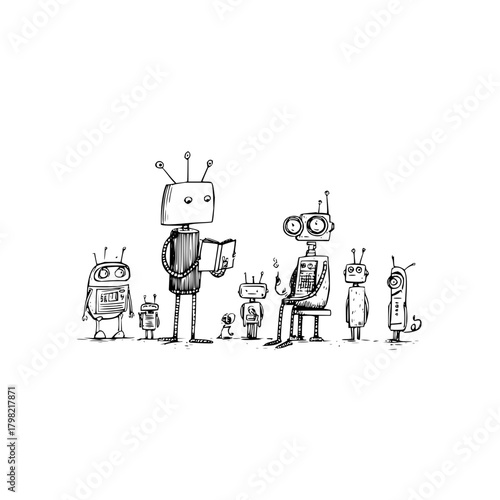 Illustration of robot family reading book and smoking pipe vintage retro drawing vector graphic design art 100