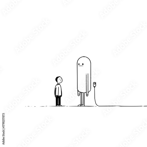 Minimalist art drawing of a boy looking up at a tall robot character with charging station vector design