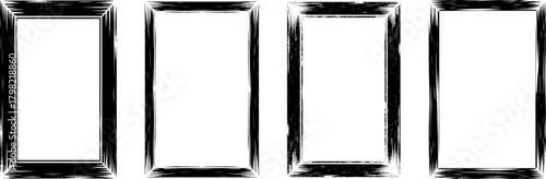 Hand-drawn grunge brush frame set with distressed ink texture, rough artistic border shapes, vintage scratched rectangle design elements for modern photo decoration and graphic composition