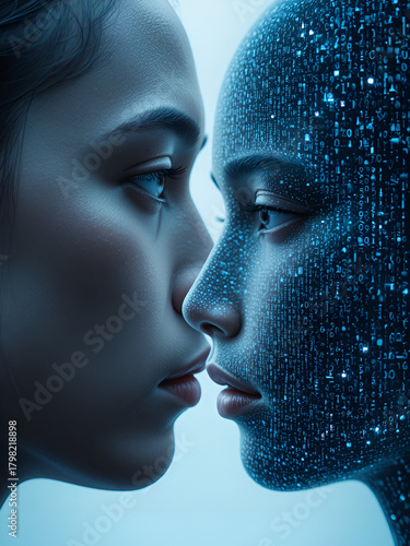 Profile view of two faces, real human face with a concerned expression, AIgenerated face with digital code overlay, highlighting the dangers of AI and its impact on society  ar 169