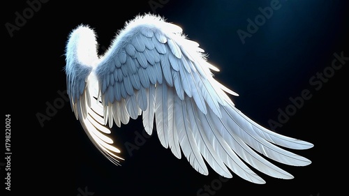 Single white angel wing floating on a dark black background, glowing edges with gentle light reflection, realistic feather details, divine and ethereal mood, perfect for fantasy art or design